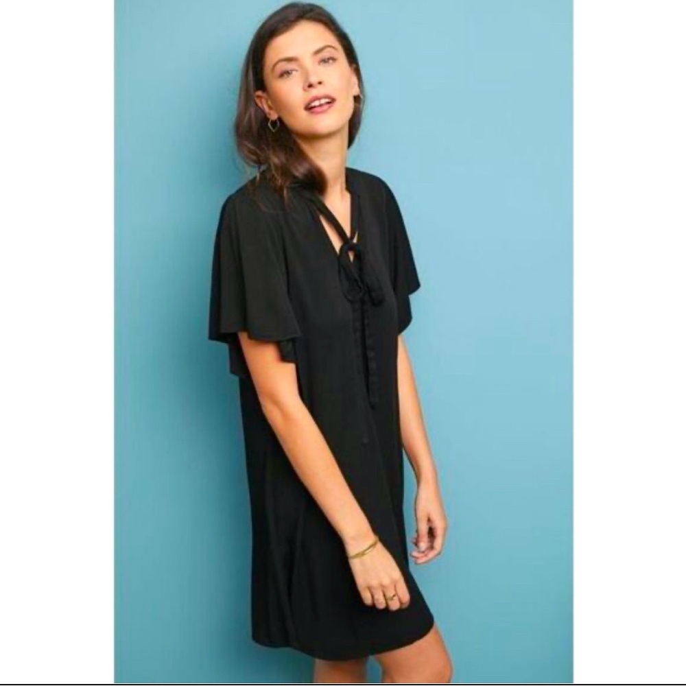Anthropologie x Michael Stars Black Tie-Neck Flutter Sleeve Mini Dress | Size XS